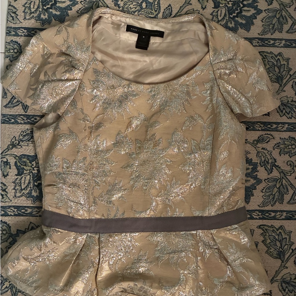 Marc Jacobs Cream and Gold Peplum Blouse with Puff Sleeves